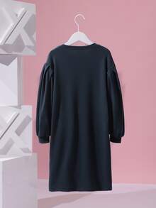 Cremechii Girls Slogan & Rabbit Print Drop Shoulder Sweatshirt Dress - Navy Blue - View 2