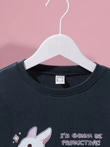 Cremechii Girls Slogan & Rabbit Print Drop Shoulder Sweatshirt Dress - Navy Blue - View 3