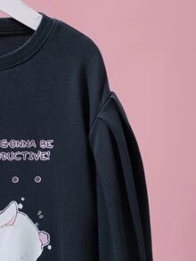 Cremechii Girls Slogan & Rabbit Print Drop Shoulder Sweatshirt Dress - Navy Blue - View 4