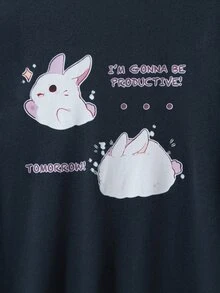 Cremechii Girls Slogan & Rabbit Print Drop Shoulder Sweatshirt Dress - Navy Blue - View 5