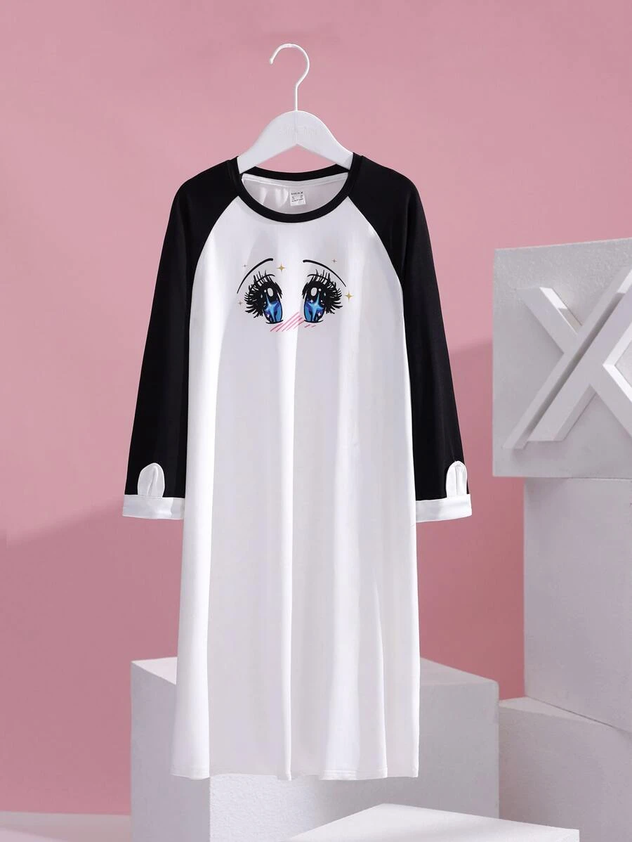 Cetriya 女孩卡通圖案插肩袖拼色家居服 - 白色 - 查看 1