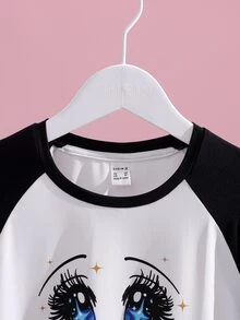 Cetriya 女孩卡通圖案插肩袖拼色家居服 - 白色 - 查看 3