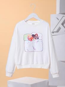 Cremechii Girls Cartoon Graphic Drop Shoulder Pullover - White - View 1
