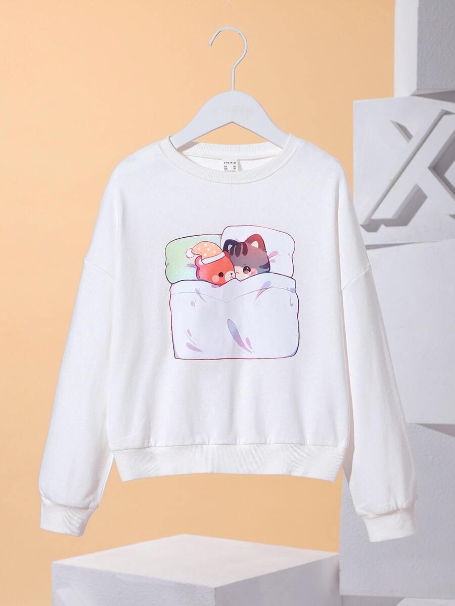 Cremechii Girls Cartoon Graphic Drop Shoulder Pullover - White - View 1
