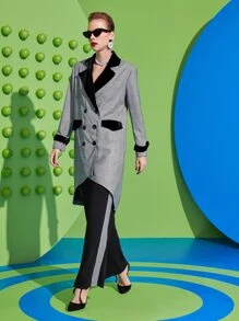 ALANA TRISTAIN 格紋印花拼接領雙排釦西裝外套 - 灰色 - 查看 6