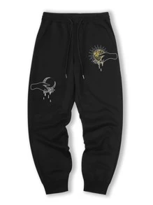 ROMWE MEN Nam Tay Bản in Mặt trời và Mặt trăng Dây rút Quần thể thao - màu đen - Xem 1