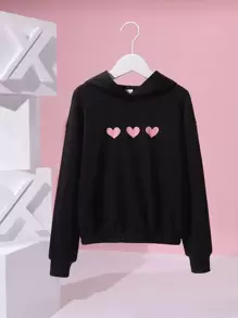 Cremechii Áo nỉ tay trễ in hình mèo và trái tim dành cho bé gái tuổi teen - màu đen - Xem 1