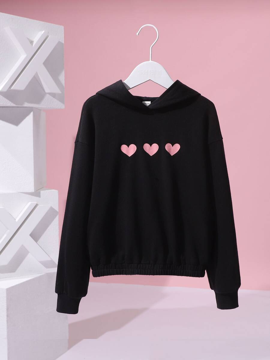 Cremechii Áo nỉ tay trễ in hình mèo và trái tim dành cho bé gái tuổi teen - màu đen - Xem 1