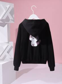 Cremechii Áo nỉ tay trễ in hình mèo và trái tim dành cho bé gái tuổi teen - màu đen - Xem 2