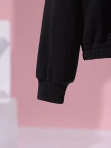 Cremechii Áo nỉ tay trễ in hình mèo và trái tim dành cho bé gái tuổi teen - màu đen - Xem 3