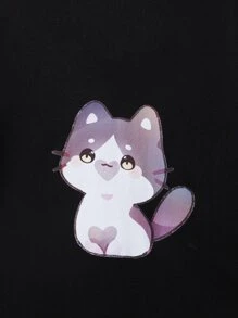 Cremechii Áo nỉ tay trễ in hình mèo và trái tim dành cho bé gái tuổi teen - màu đen - Xem 5