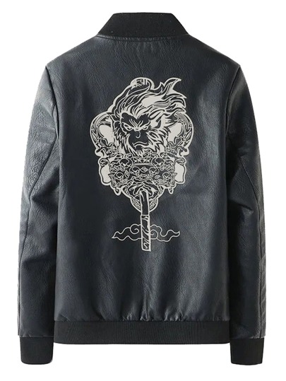 Manfinity Men Monkey Print Zipper PU Leather Bomber Jacket