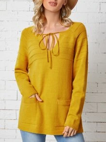 SHEIN LUNE Áo len nữ Túi Thắt nơ trước màu trơn Giải trí - Màu vàng - Xem 1