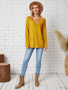 SHEIN LUNE Áo len nữ Túi Thắt nơ trước màu trơn Giải trí - Màu vàng - Xem 3