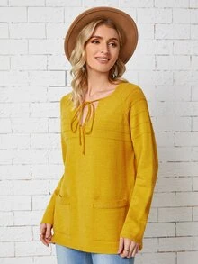 SHEIN LUNE Áo len nữ Túi Thắt nơ trước màu trơn Giải trí - Màu vàng - Xem 4