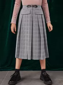 SHEIN 女孩高腰格紋搭扣百褶半身裙