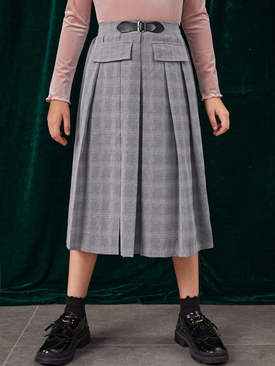SHEIN 女孩高腰格紋搭扣百褶半身裙
