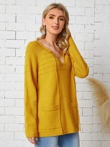 SHEIN LUNE Áo len nữ Túi Thắt nơ trước màu trơn Giải trí - Màu vàng - Xem 5