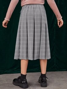 SHEIN 女孩高腰格紋搭扣百褶半身裙