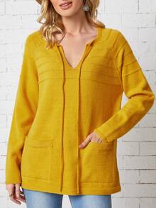 SHEIN LUNE Áo len nữ Túi Thắt nơ trước màu trơn Giải trí - Màu vàng - Xem 6