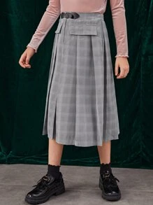 SHEIN 女孩高腰格紋搭扣百褶半身裙