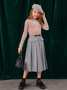 SHEIN 女孩高腰格紋搭扣百褶半身裙