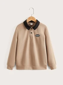SHEIN 男孩標語補丁貼半紐扣開襟套頭衫 - 卡其色 - 查看 1