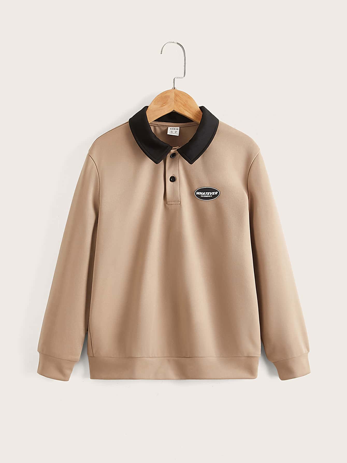 SHEIN 男孩標語補丁貼半紐扣開襟套頭衫 - 卡其色 - 查看 1