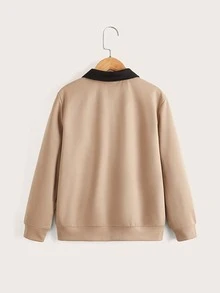 SHEIN 男孩標語補丁貼半紐扣開襟套頭衫 - 卡其色 - 查看 2