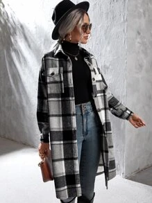 SHEIN LUNE Plaid Flap Pocket Drop Shoulder Coat Fall Winter Cloth For Women - Black and White - View 1