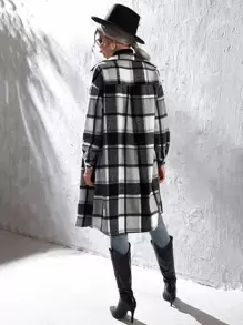 SHEIN LUNE Plaid Flap Pocket Drop Shoulder Coat Fall Winter Cloth For Women - Black and White - View 2