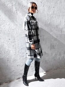 SHEIN LUNE Plaid Flap Pocket Drop Shoulder Coat Fall Winter Cloth For Women - Black and White - View 3