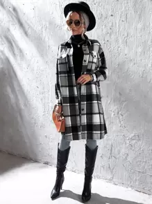 SHEIN LUNE Plaid Flap Pocket Drop Shoulder Coat Fall Winter Cloth For Women - Black and White - View 4