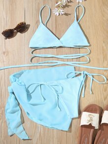 3 gói Bikini quấn trơn & Váy đi biển mùa hè - Màu xanh nhạt - Xem 3