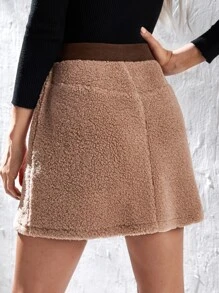 Contrast Trim Button Front Teddy Skirt - Khaki - View 2