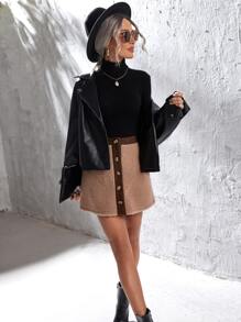 Contrast Trim Button Front Teddy Skirt - Khaki - View 4