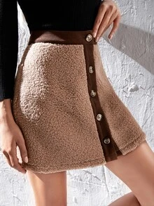 Contrast Trim Button Front Teddy Skirt - Khaki - View 5