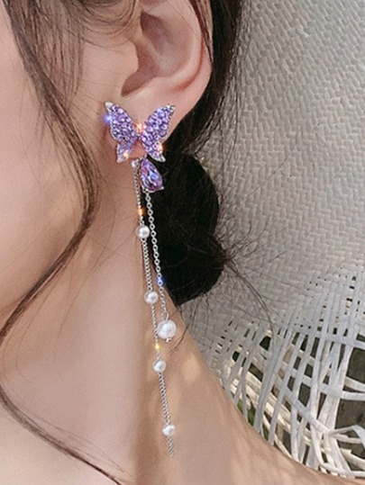 Butterfly & Faux Pearl Tassel Drop Earrings
