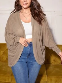 SHEIN LUNE Plus Size Teacher Outfits Black And White Striped Bat Sleeves Asymmetrical Hem Thin Coat Jacket For Autumn & Winter - Khaki - View 1