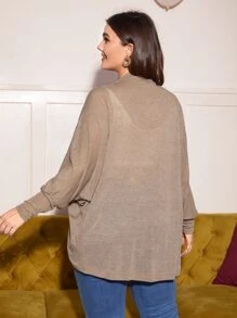 SHEIN LUNE Plus Size Teacher Outfits Black And White Striped Bat Sleeves Asymmetrical Hem Thin Coat Jacket For Autumn & Winter - Khaki - View 2