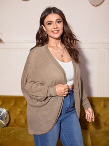 SHEIN LUNE Plus Size Teacher Outfits Black And White Striped Bat Sleeves Asymmetrical Hem Thin Coat Jacket For Autumn & Winter - Khaki - View 5