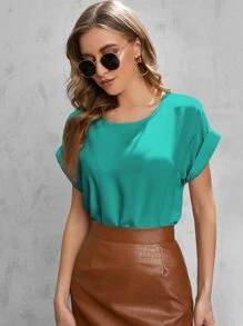 SHEIN LUNE Solid Rolled Sleeve Blouse - Blue - View 1