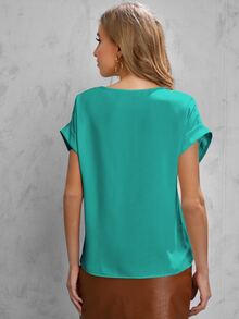 SHEIN LUNE Solid Rolled Sleeve Blouse - Blue - View 2