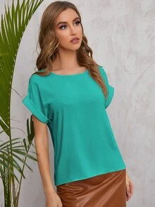 SHEIN LUNE Solid Rolled Sleeve Blouse - Blue - View 3
