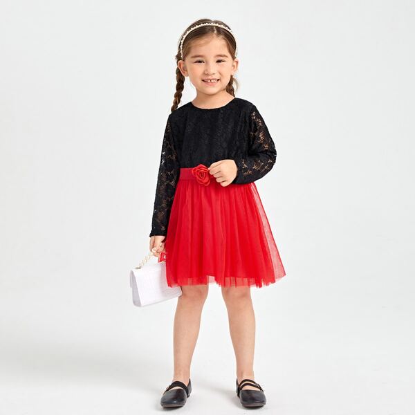 

Toddler Girls Stereo Flower Contrast Lace Mesh Hem Belted Dress, Multicolor
