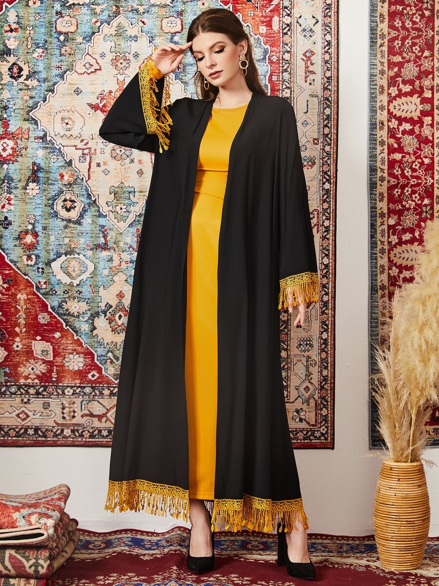 Al Najma Abaya en dentelle à franges - Noir - Voir 1