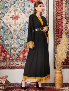 Al Najma Abaya en dentelle à franges - Noir - Voir 4