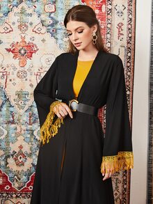 Al Najma Abaya en dentelle à franges - Noir - Voir 5