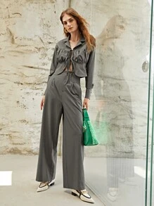 SHEIN High Waist Wide Leg Trousers - Grey - View 4