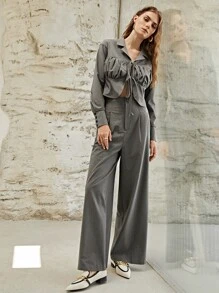 SHEIN High Waist Wide Leg Trousers - Grey - View 6